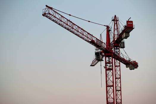 Home A red tower crane on a construction site set against a clear sky during daytime.