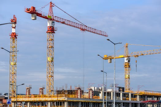 Home Multiple tower cranes working on a large construction site with blue sky backdrop.